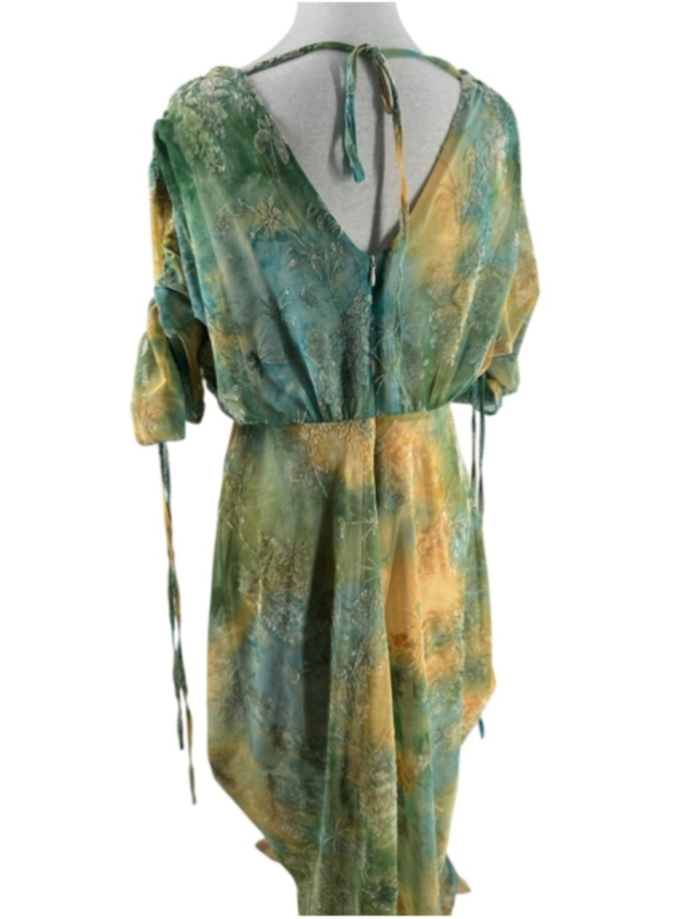 Green Ruched V-Neck Midi Dress - Picture 9 of 14